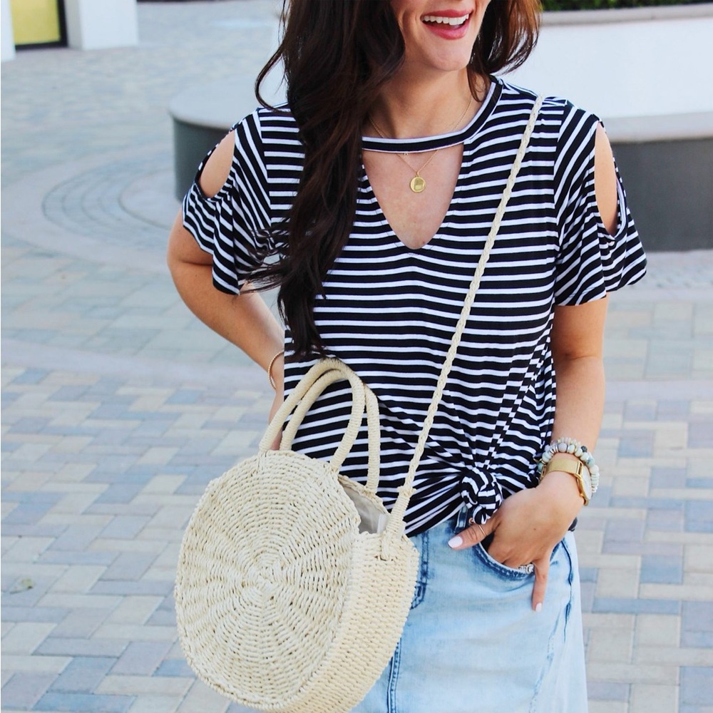 NWT Sofia Vergara Black and White Striped Blouse Cut Out Cold Shoulder New Top